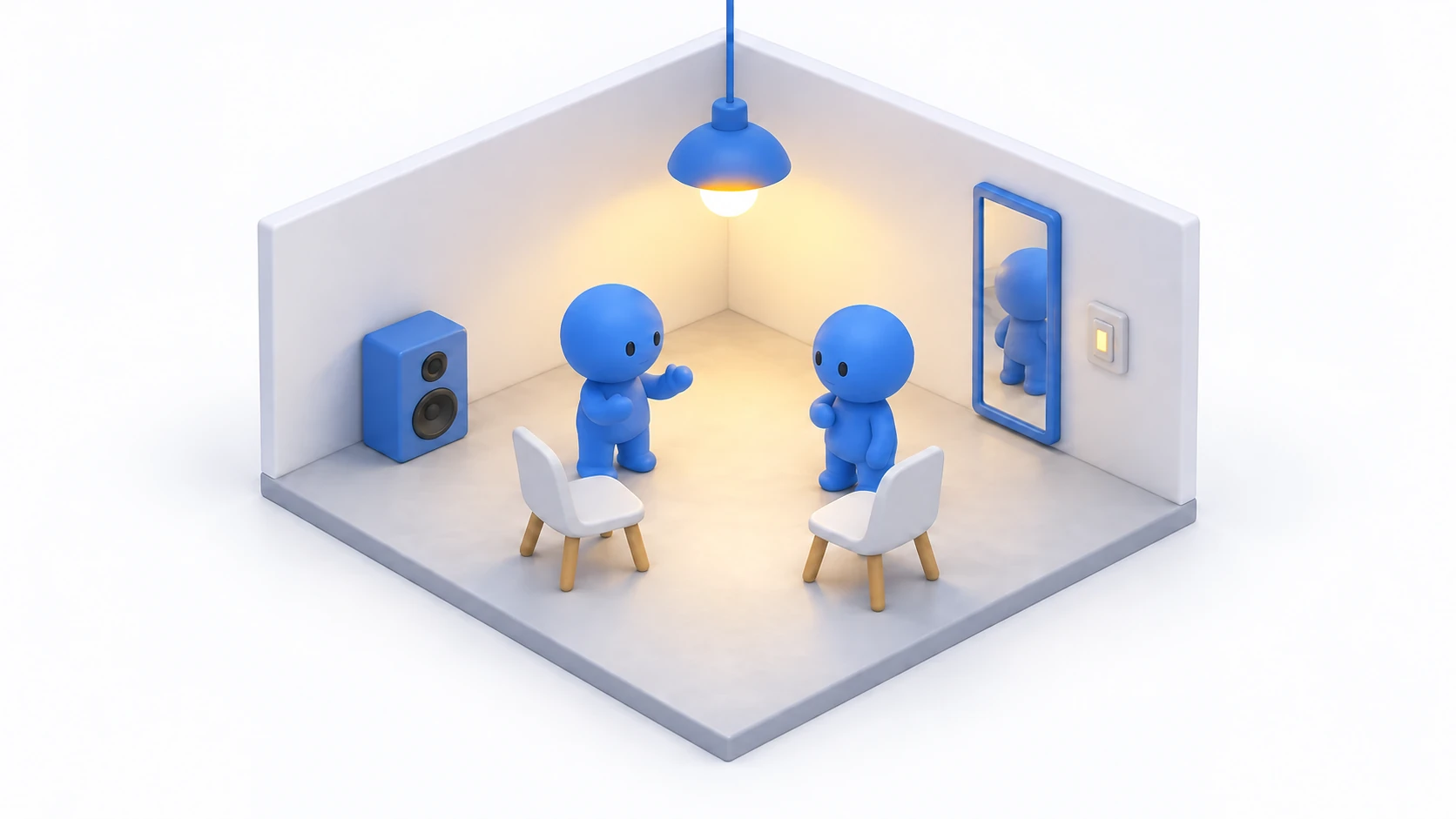A finished small social world with lighting, a speaker, two chairs, a mirror, and a switch