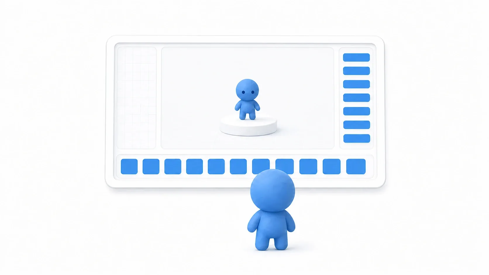 A figure looking up at an editor window split into four sections. An image of editor UI basics