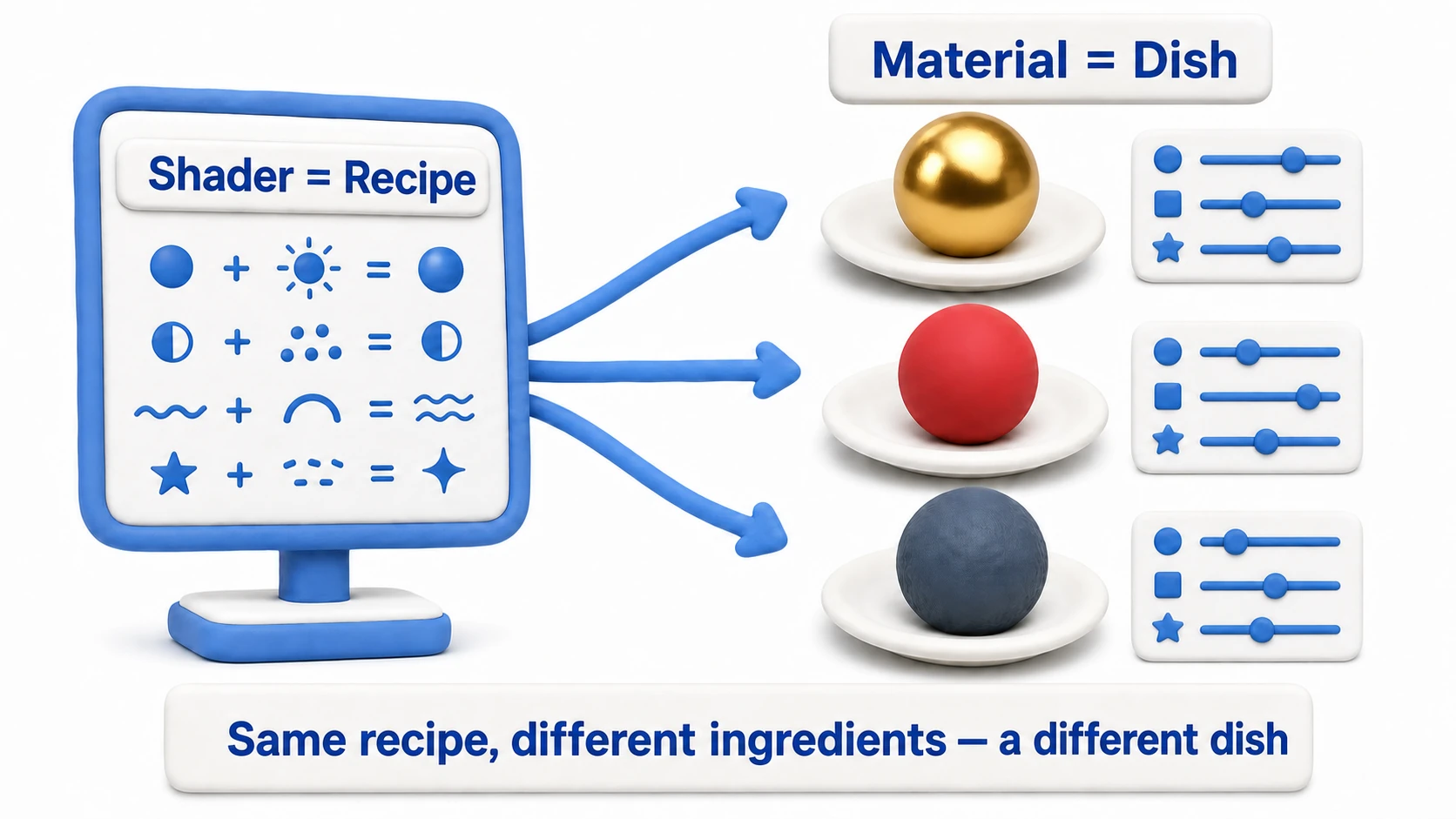 Diagram of the shader-material relationship: from a single recipe (shader), changing ingredient values produces three different dishes (materials)—a gold sphere, a red plastic sphere, and a black rubber sphere
