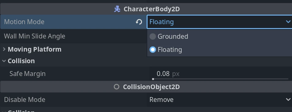 The Motion Mode setting for CharacterBody2D in the Inspector