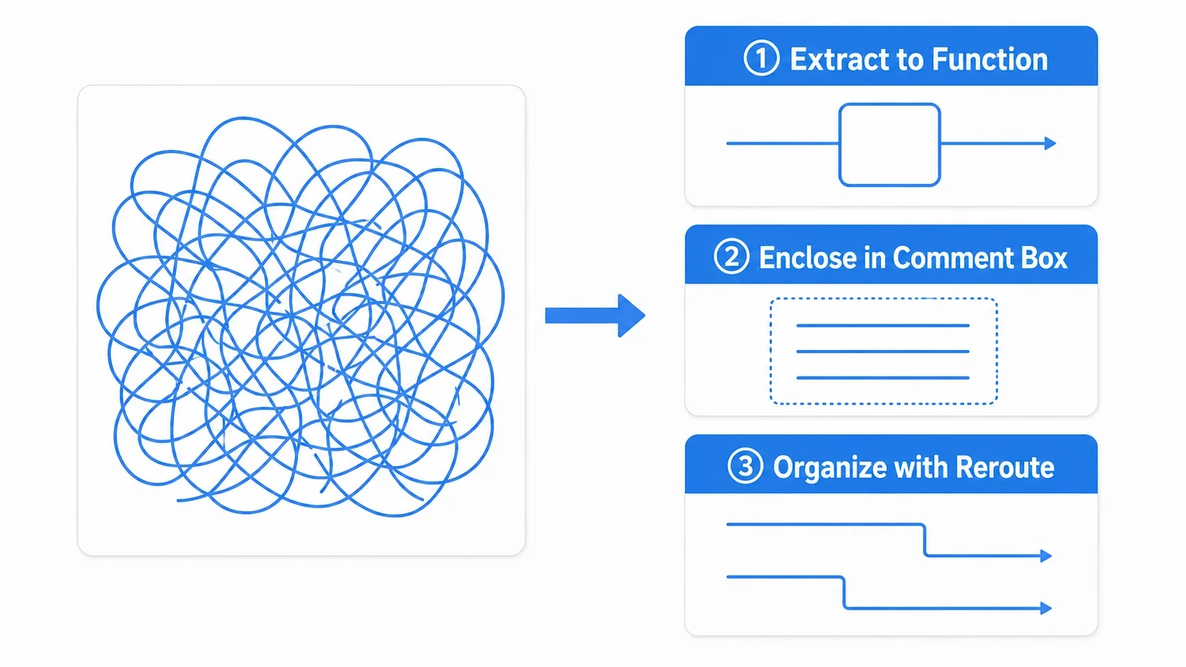 Diagram showing one tangled graph organized three ways: extracted into a Function, wrapped in a Comment Box, and tidied with Reroute