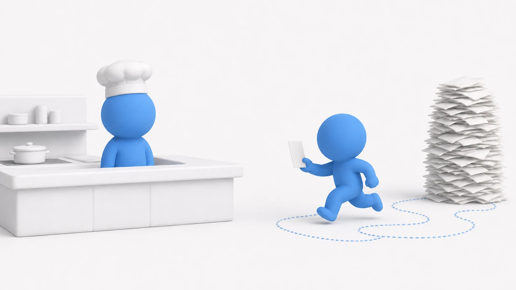 Illustration of draw calls: a clay waiter making trip after trip to the chef in the kitchen, carrying a huge stack of order slips one at a time