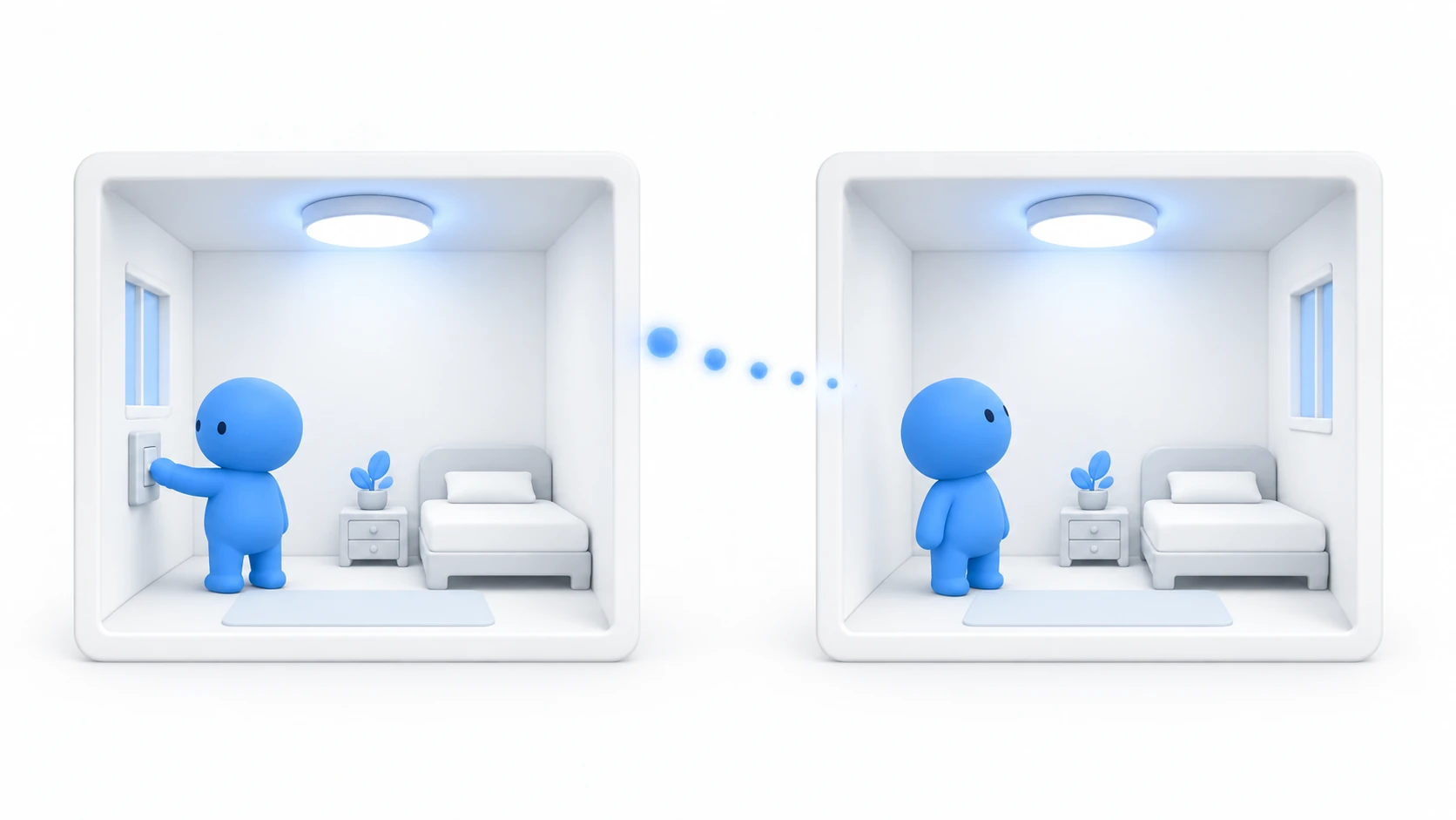 2つの部屋で同じライトが点き、あいだを光の粒が流れている