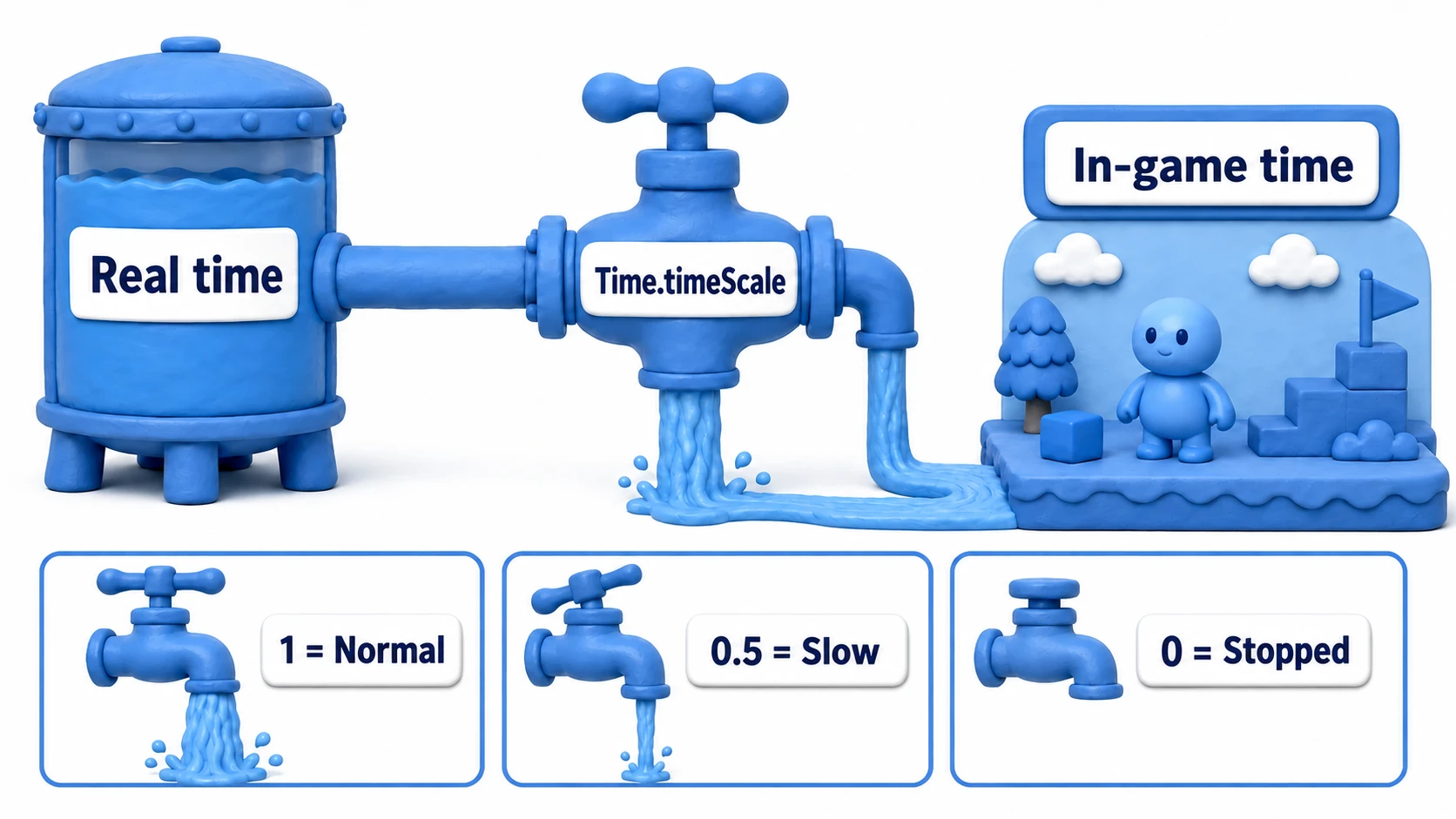 Diagram of how Time.timeScale works: real time flows through a faucet into in-game time — timeScale=1 is normal speed, 0.5 is slow motion, 0 stops it completely