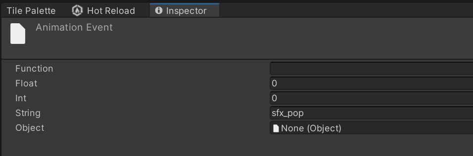 AnimationEventの詳細:Stringパラメータにイベント文字列が設定されている