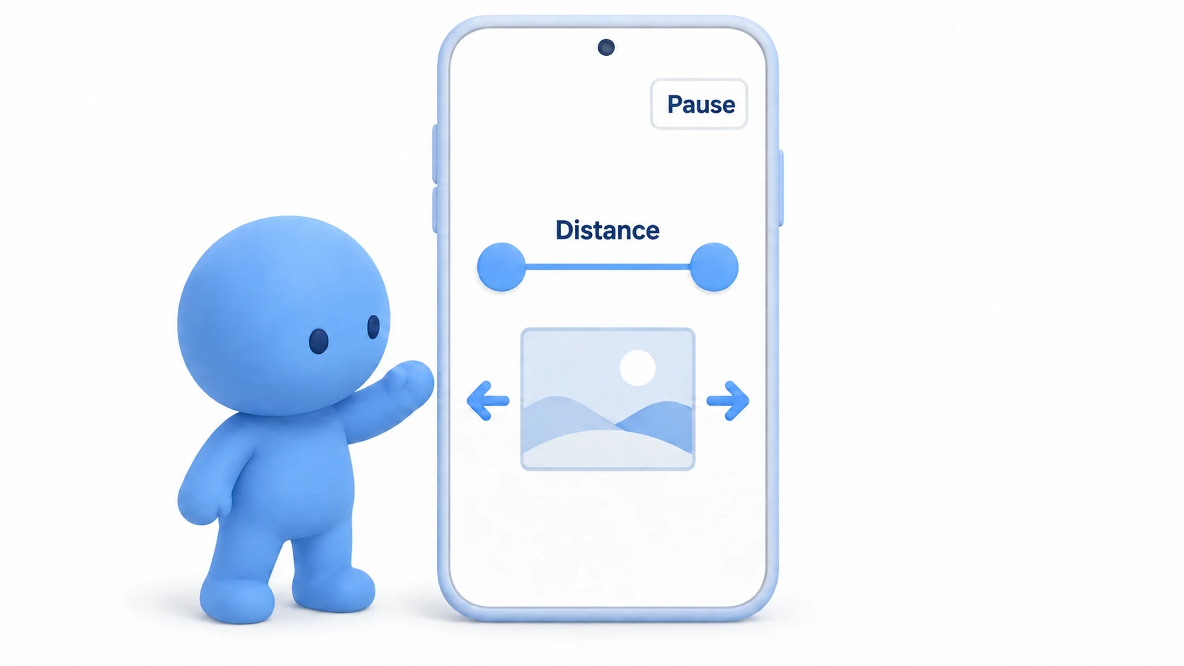 A phone screen with the pause button placed clear of the camera cutout, and the art scaled by the ratio of the distance between two fingers