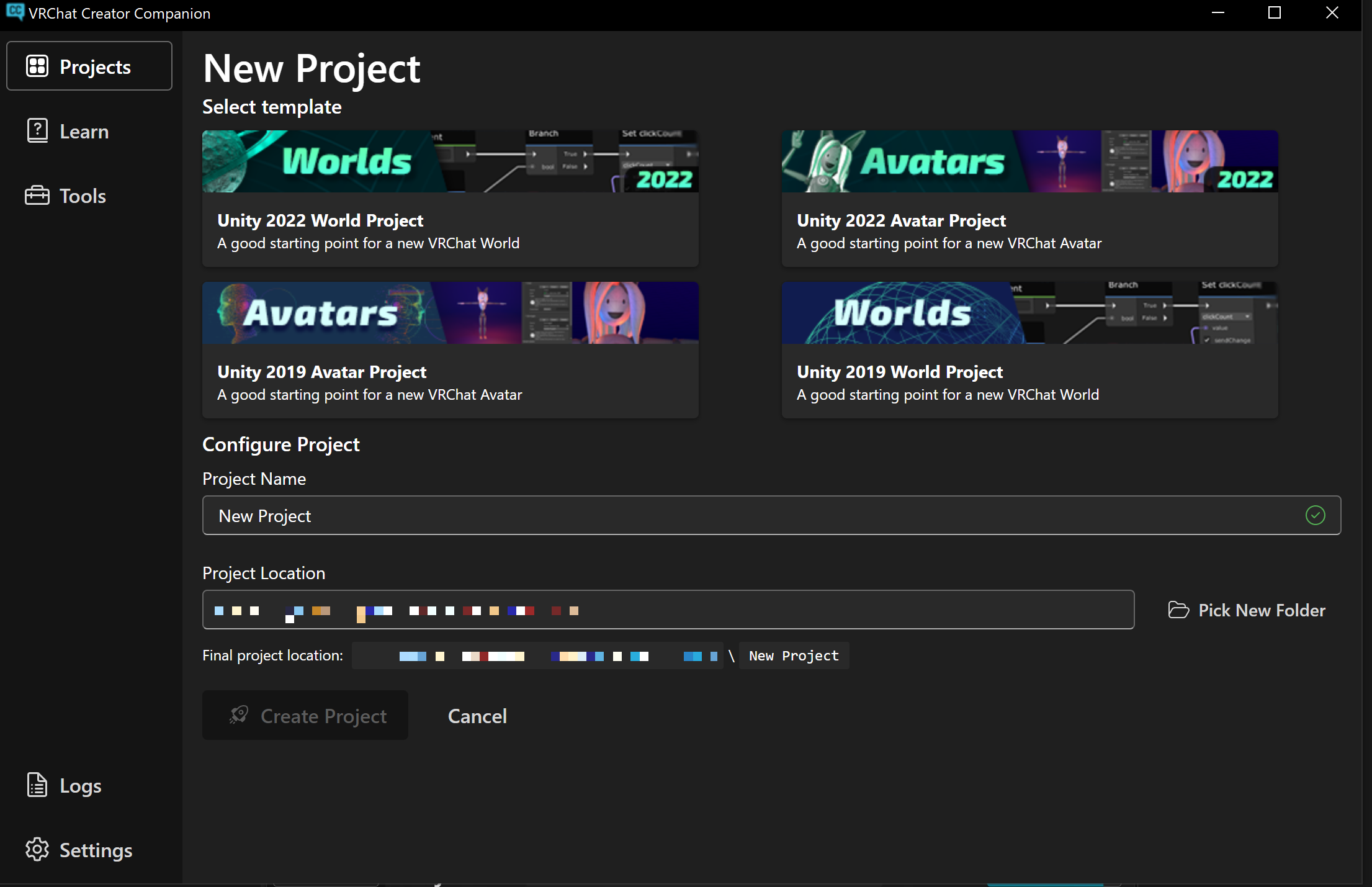 VRChat Creator Companion (VCC) のメニュー画面
