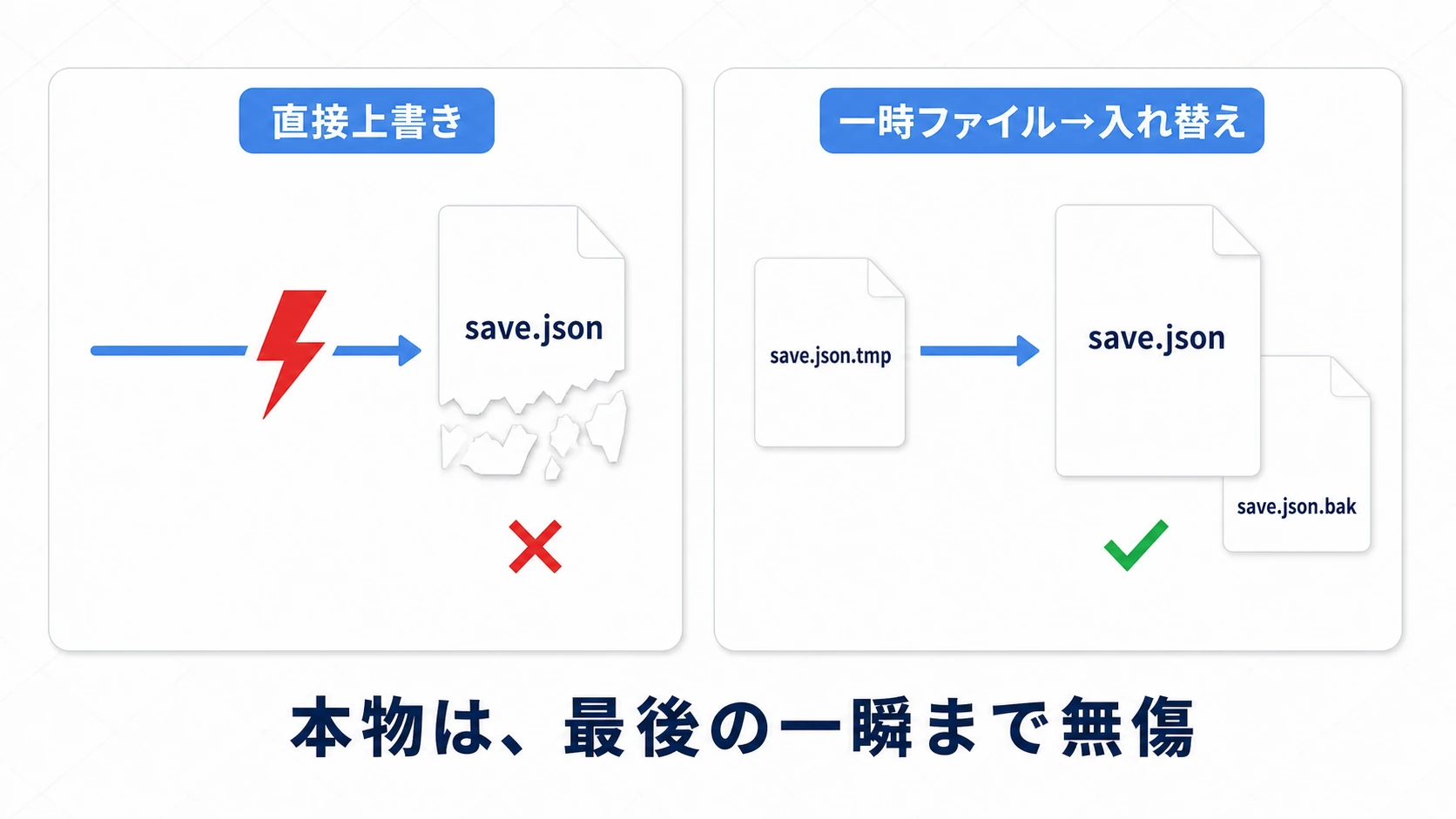 直接上書きは途中でクラッシュするとファイルが半分だけ書き換わって壊れるが、一時ファイルへ書き切ってから入れ替えれば途中で失敗しても元のセーブが無傷で残ることを表す比較図