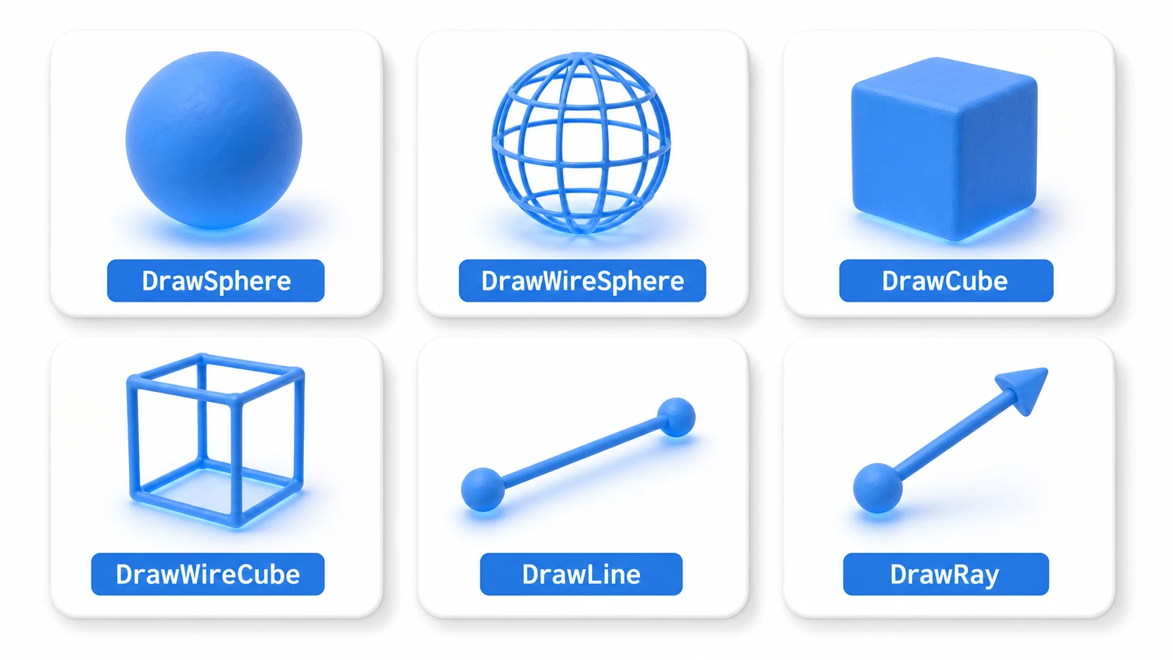 Gizmosの描画メソッドのギャラリー図。DrawSphere・DrawWireSphere・DrawCube・DrawWireCube・DrawLine・DrawRayで描ける図形の一覧