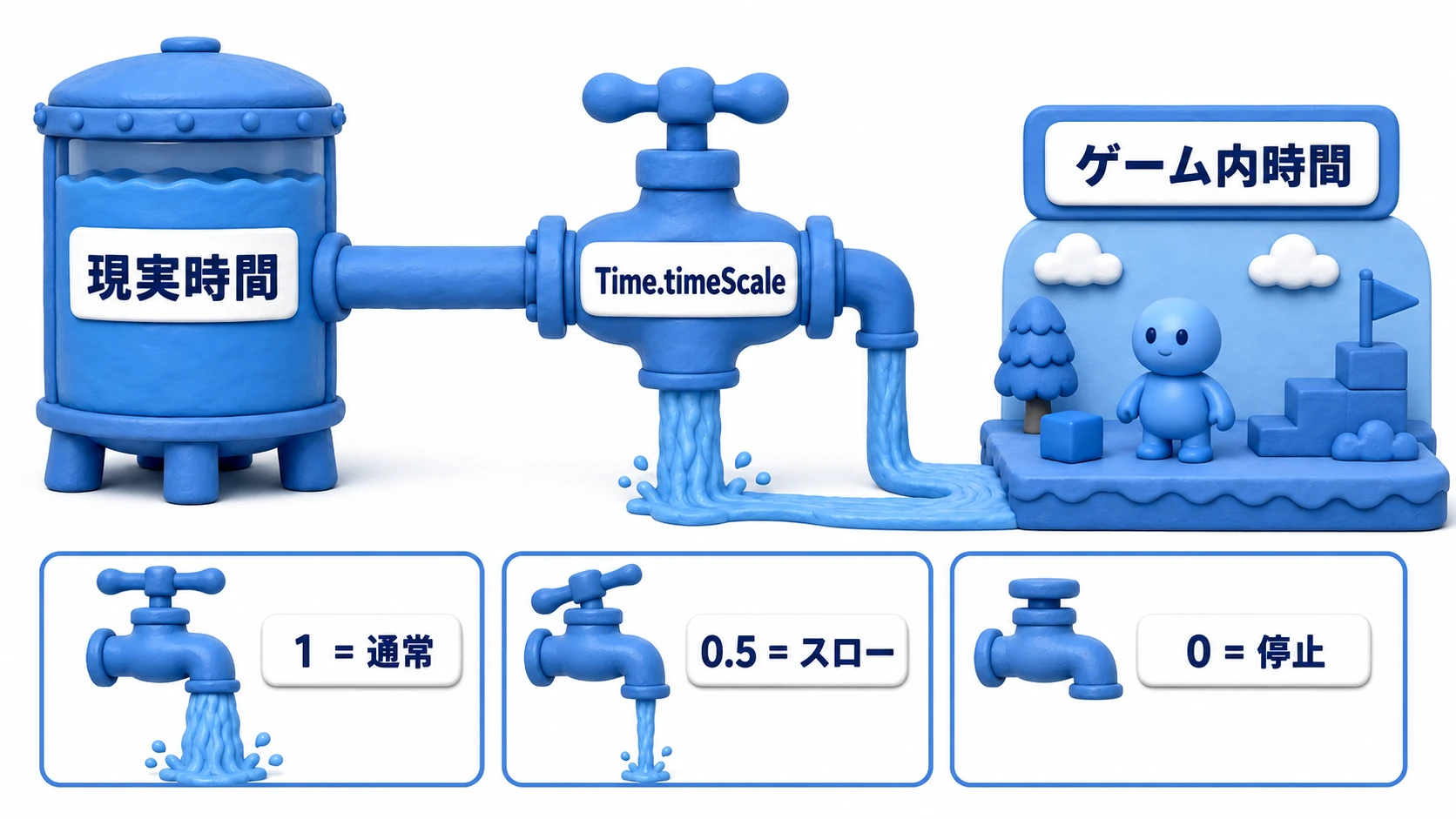 Time.timeScaleの仕組みの図。現実時間が蛇口を通ってゲーム内時間に流れ込み、timeScale=1で等速、0.5でスロー、0で完全に止まる