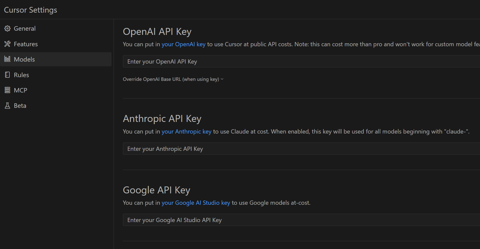 Cursorの設定画面でのAnthropic APIキー入力欄