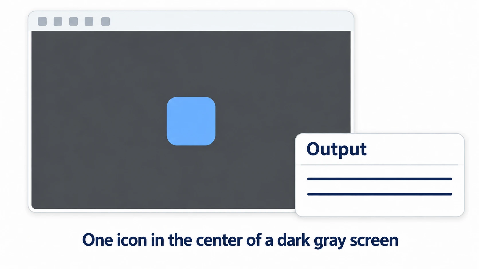 Running it shows one icon in the center of a dark gray game screen, and the Godot version appears in Output