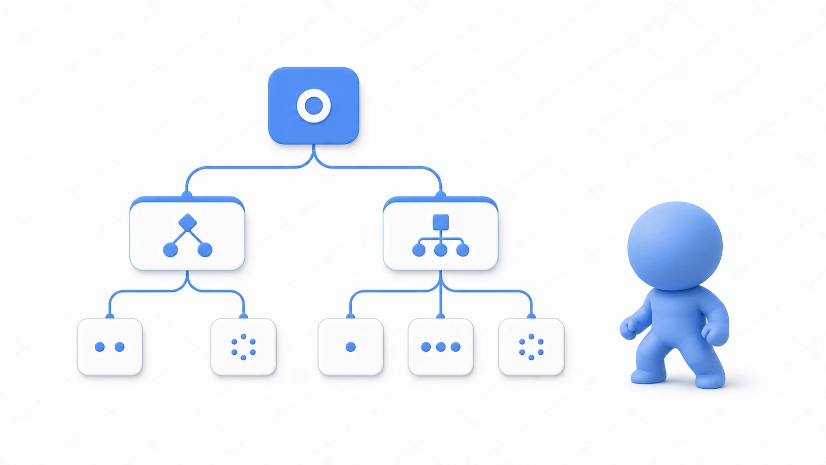 フラットな青のツリー構造。Rootから枝分かれし、Sequence・Selectorのノードを経て、葉の条件・アクションへとつながり、敵AIの振る舞いが木として組み上がっているイメージ