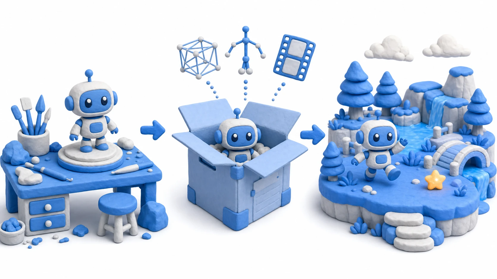 3Dモデルインポートのイメージ。Blender側の作業台からFBXの箱に梱包されたロボットモデルが、Unityのゲーム世界へ運ばれていく