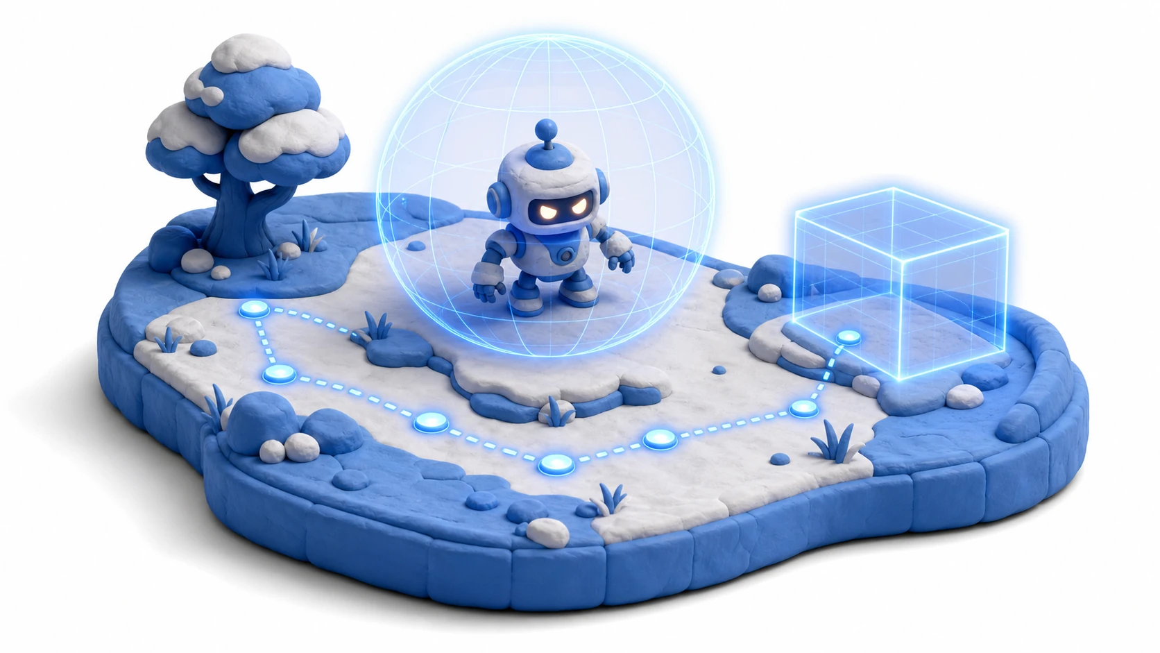 Gizmosのイメージ。粘土風のゲームシーンにワイヤーフレームの球や線のガイドが光って表示されている