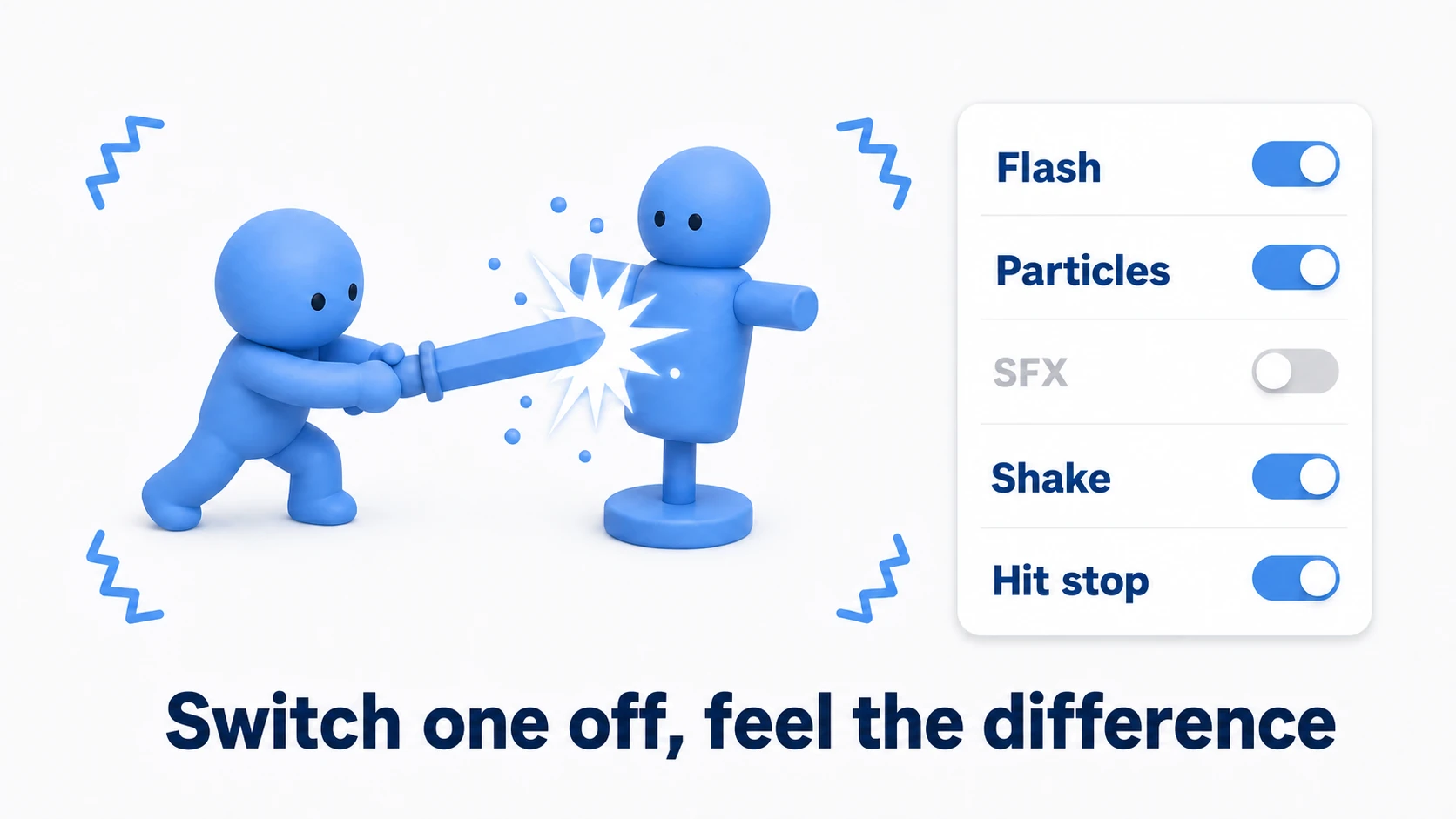 The comparison scene: a figure striking a training dummy with a sword, and a side panel of toggles for flash, particles, SFX, shake, and hit stop, flipped one at a time to compare the feel