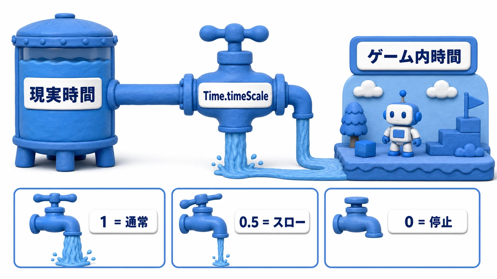 Time.timeScaleの仕組みの図。現実時間が蛇口を通ってゲーム内時間に流れ込み、timeScale=1で等速、0.5でスロー、0で完全に止まる