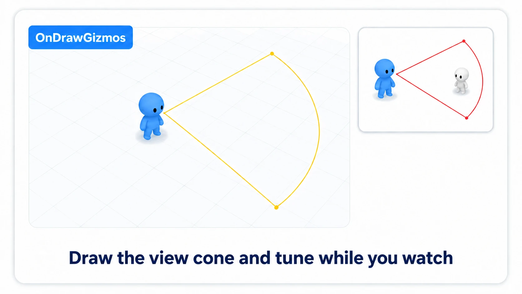 Visualizing the view with Gizmos: in the Scene view, an arc showing the view distance centered on the enemy and two boundary lines showing the view angle draw a visible fan cone. The cone changes color when the player is detected