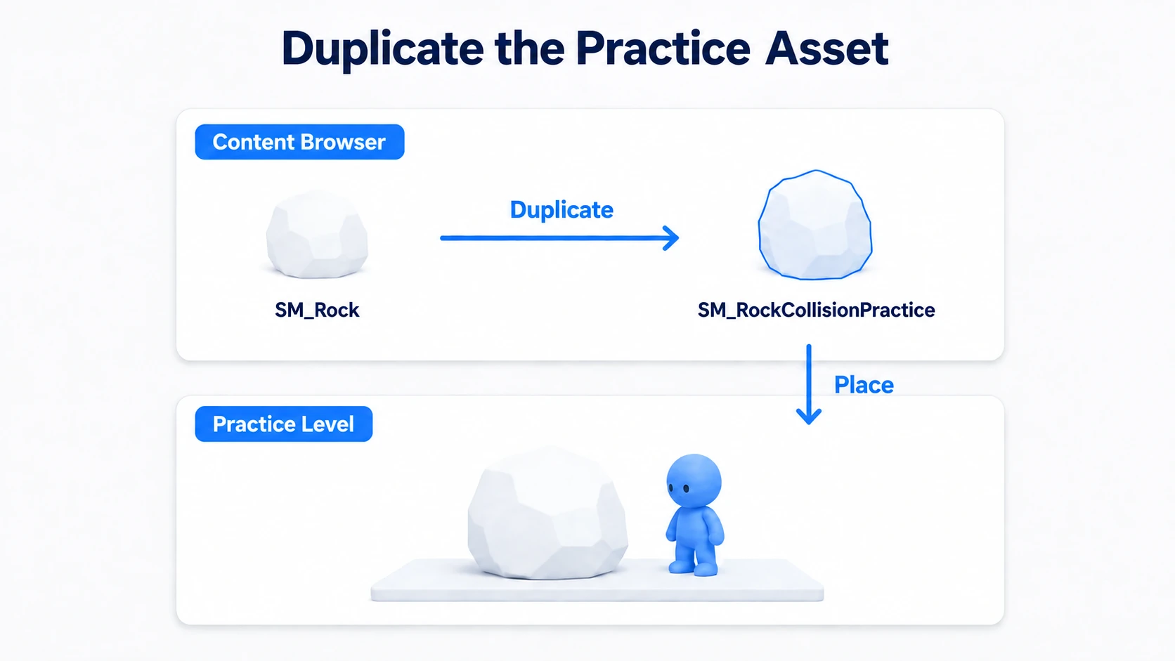 Duplicating a practice asset in the Content Browser before placing it in the level