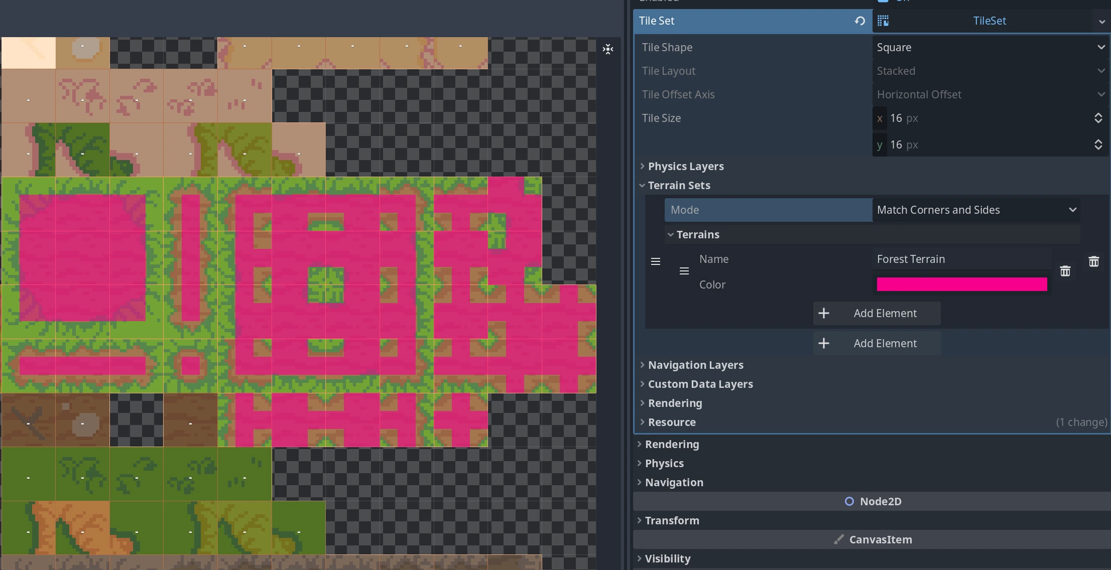 Terrainを塗り終えたTileSetエディタ。地形に登録されたタイル群が色(ピンク)でハイライトされている