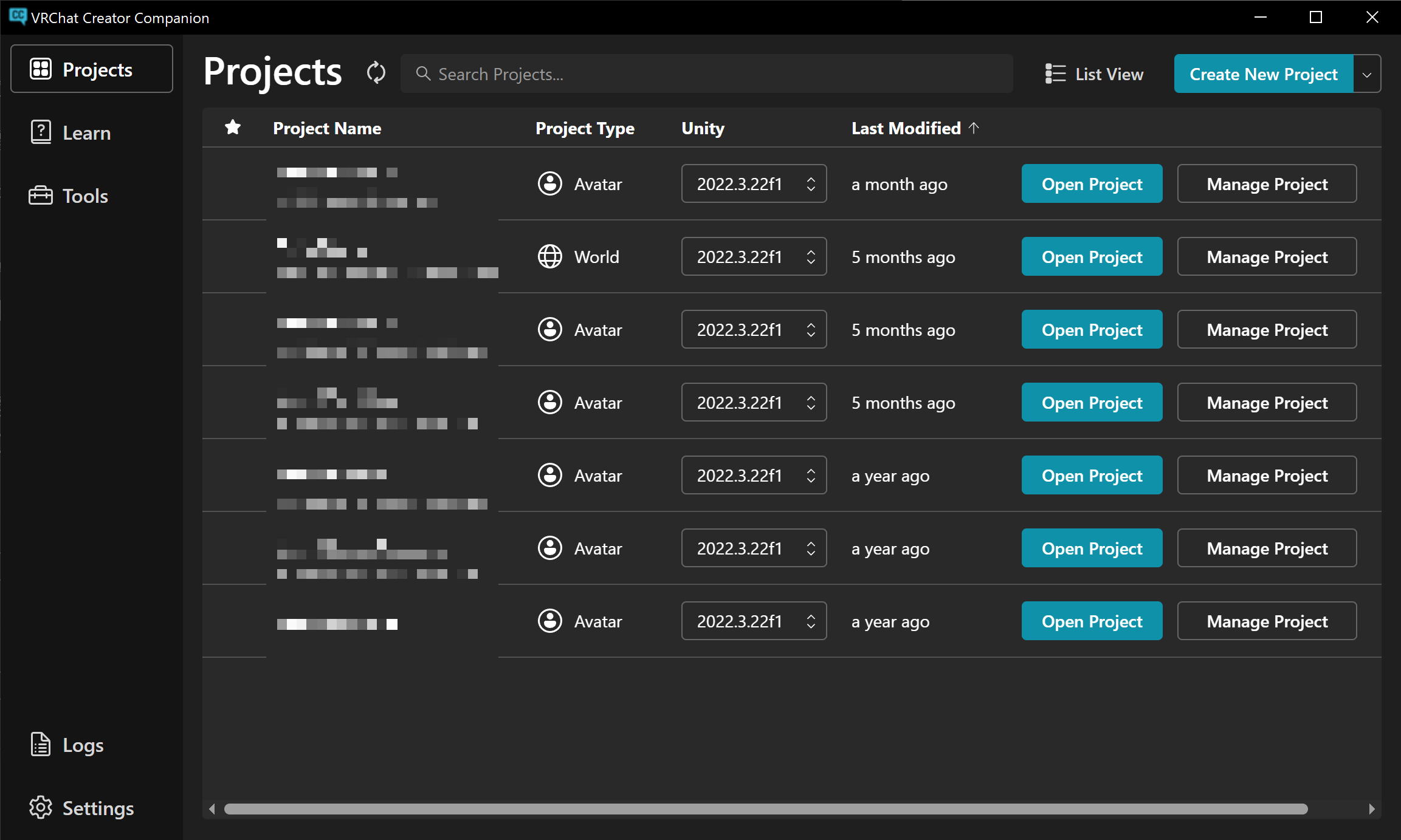 VRChat Creator Companionのプロジェクト画面