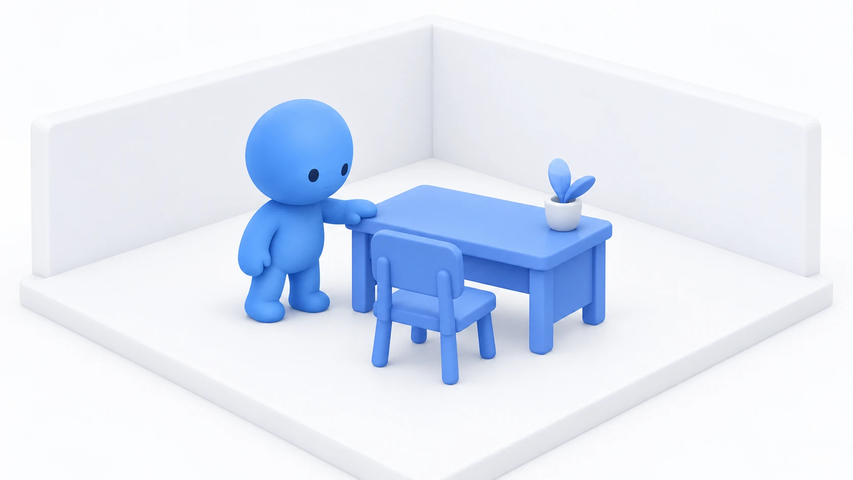 白い部屋に、机と椅子と観葉植物が置かれている