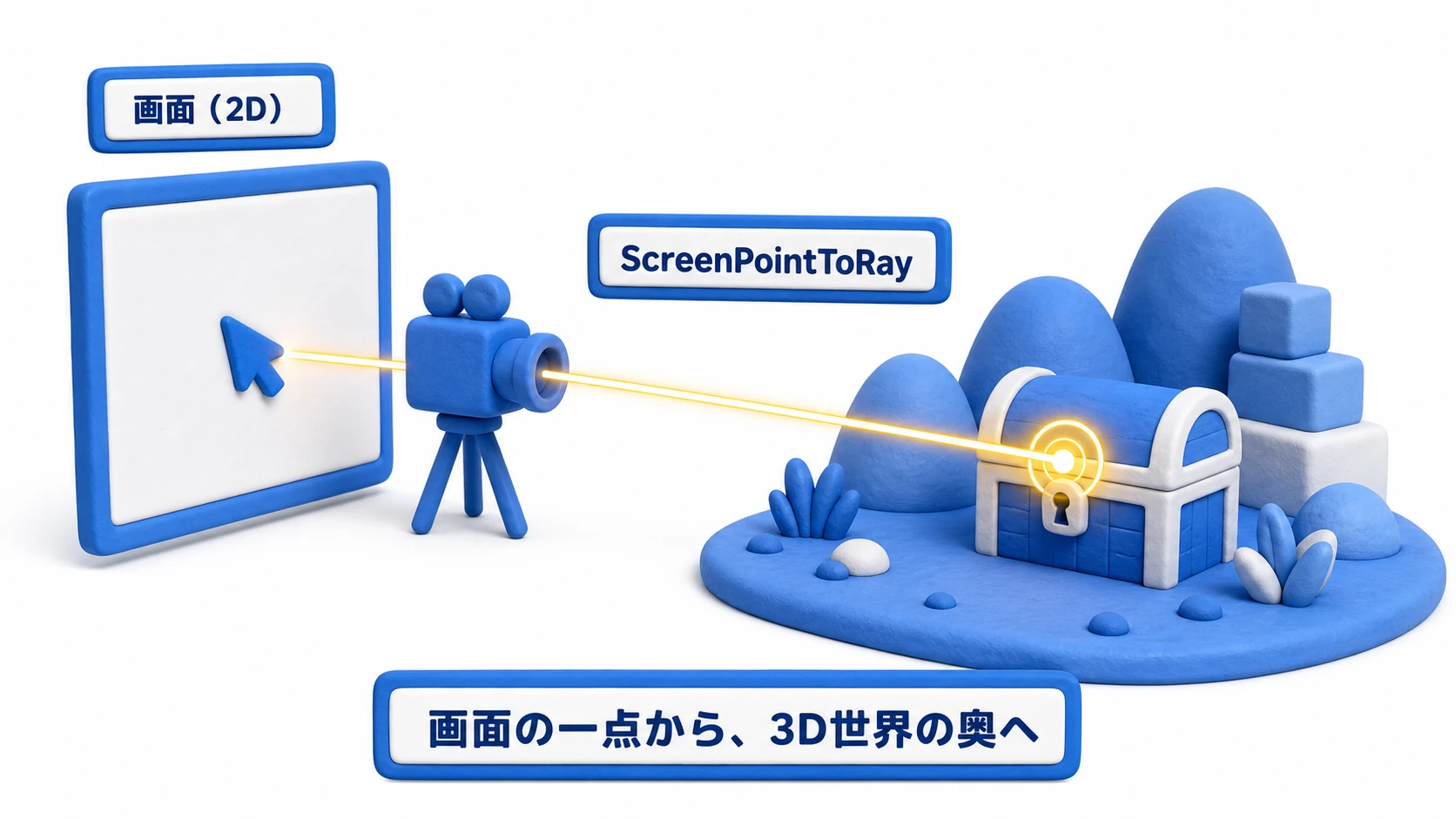 ScreenPointToRayの図。画面上のマウスカーソルの位置から、カメラを通して3D空間の奥へRayが伸び、クリックした先の宝箱に命中している