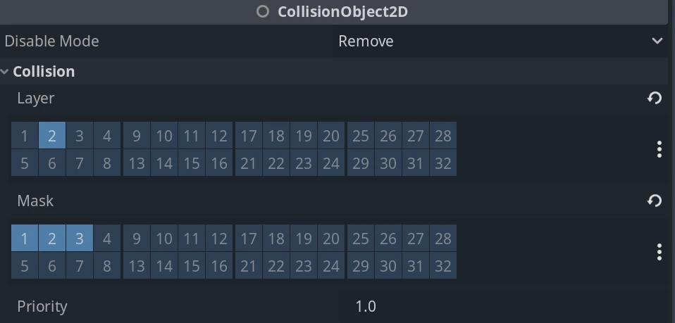 The Layer and Mask settings for CollisionObject2D in the Inspector