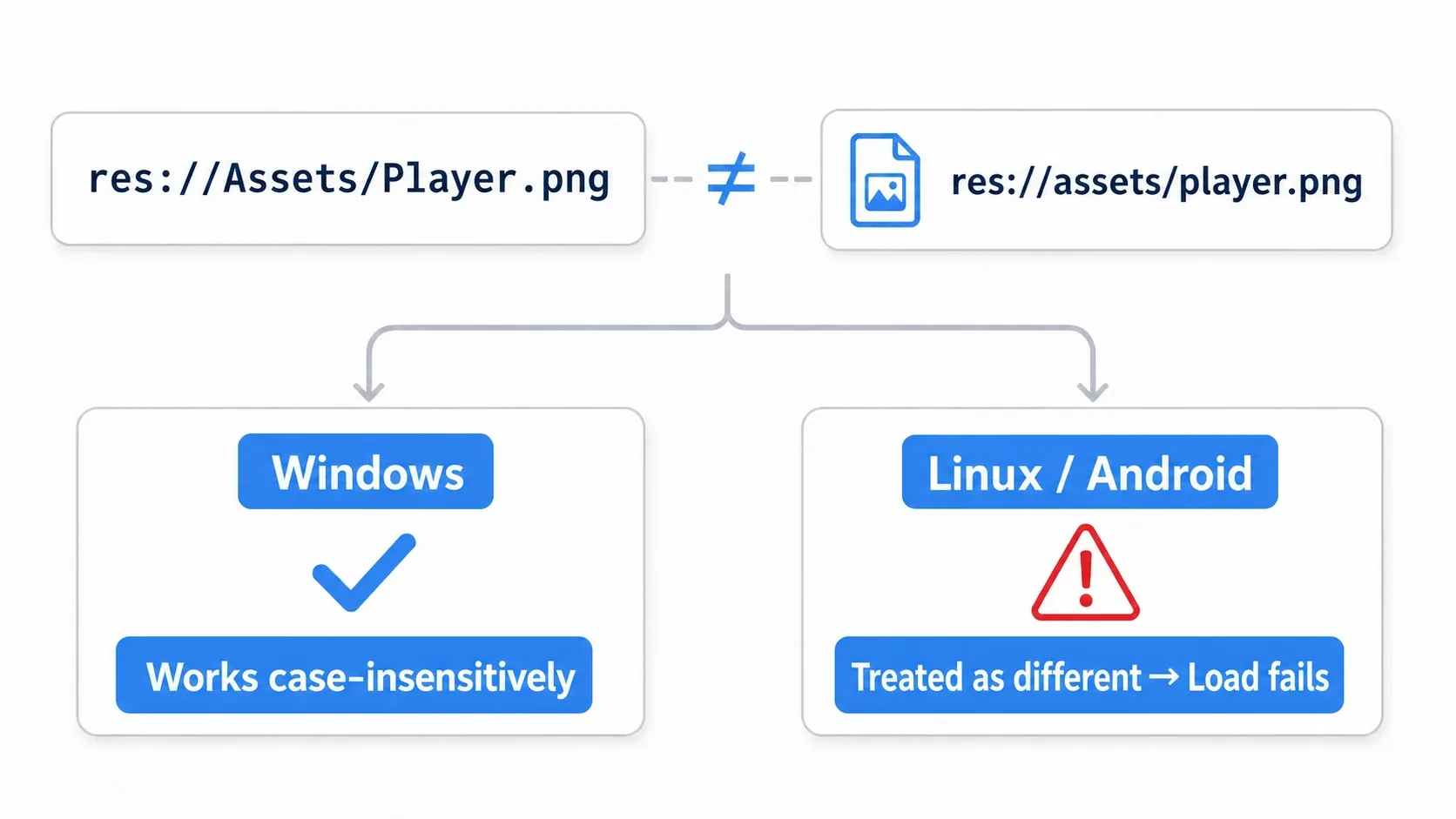 Diagram of the case sensitivity trap: code references res://Assets/Player.png while the actual file is res://assets/player.png, which works on Windows because case is ignored but fails to load on Linux and Android, which treat them as different files