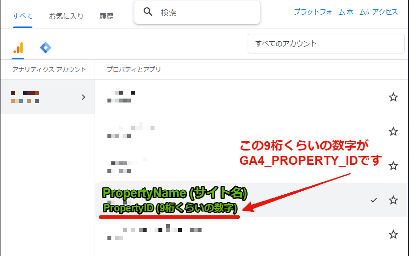 Google Analytics 4のプロパティID確認画面