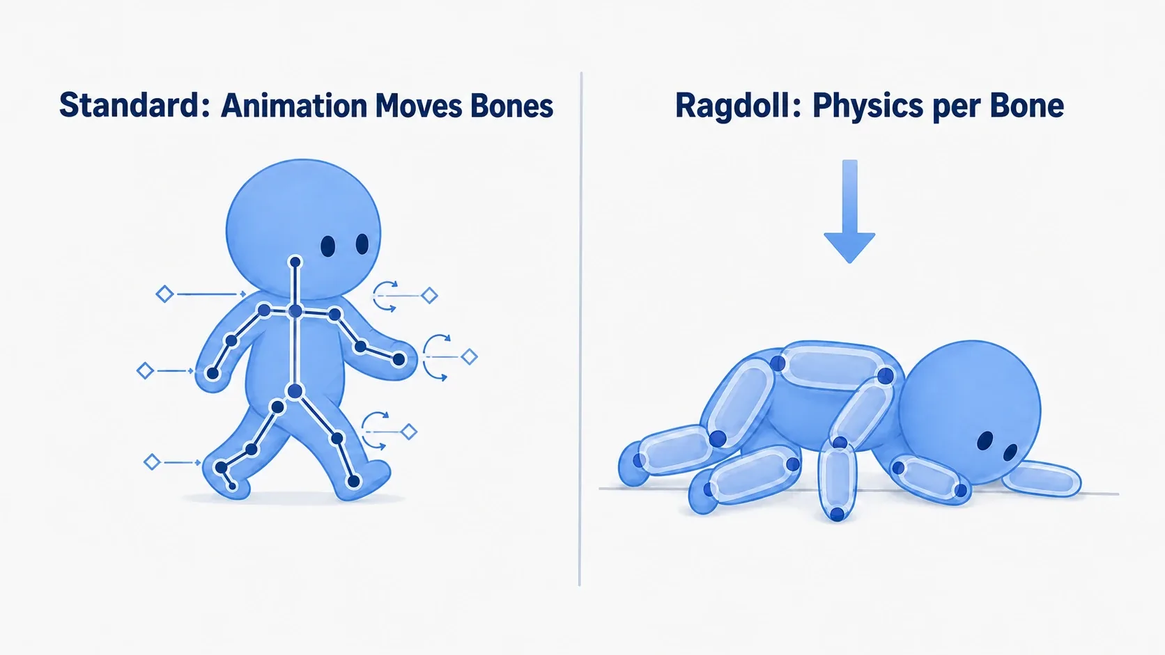 A figure contrasting normal, where animation drives the bones, with ragdoll, where each bone becomes a physics body and collapses under gravity and collision