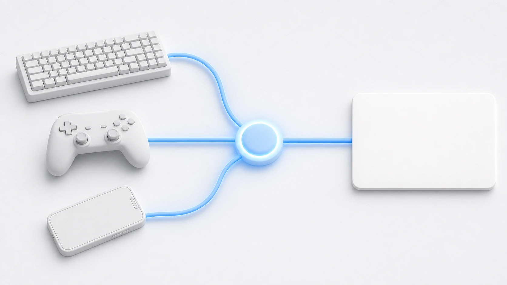 New Input Systemのイメージ。キーボード、ゲームパッド、スマートフォンの入力がひとつのハブに集約される