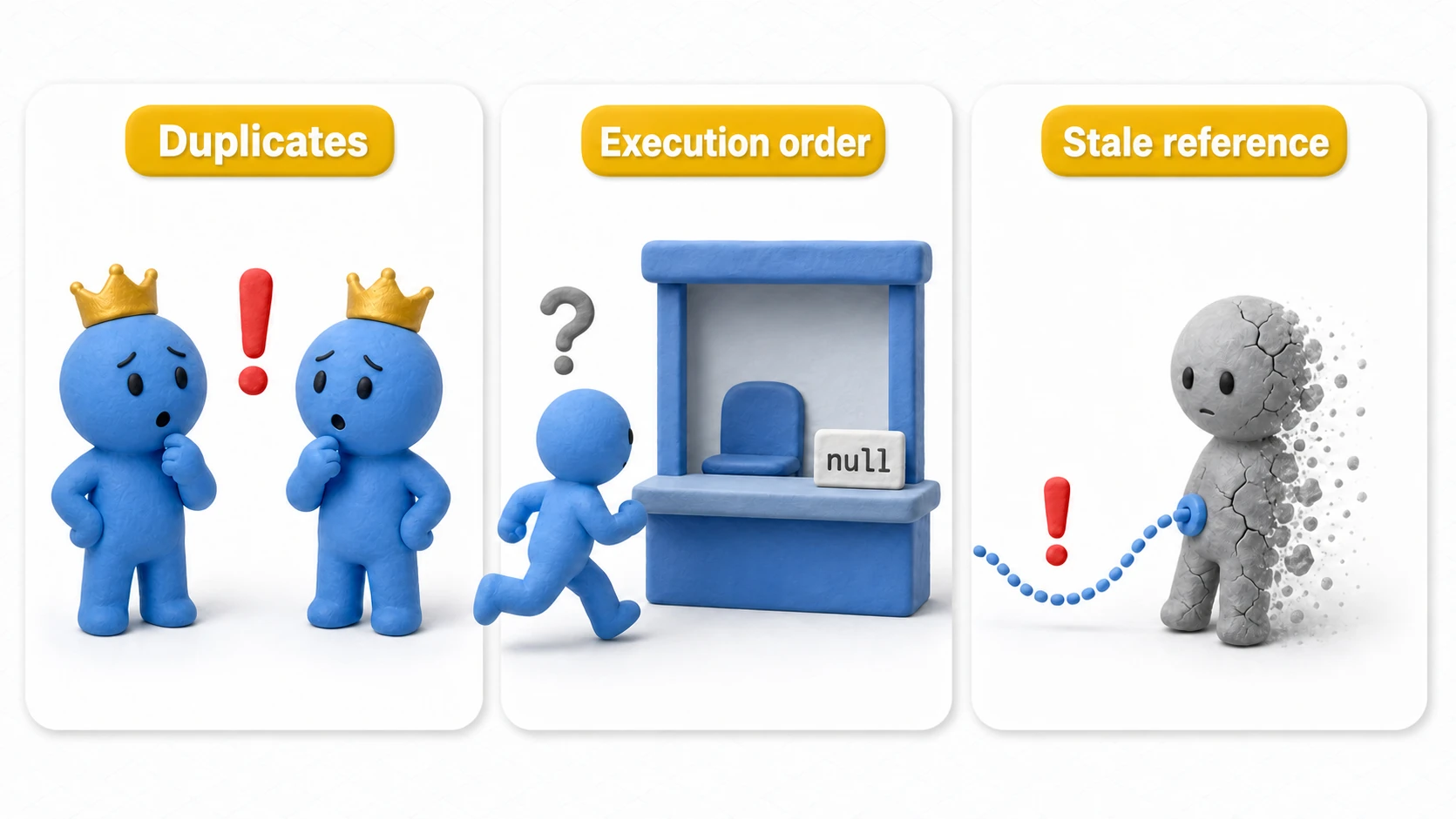 The three Singleton pitfalls: duplicate instances on scene transitions, null access due to execution order, and stale static references after destruction