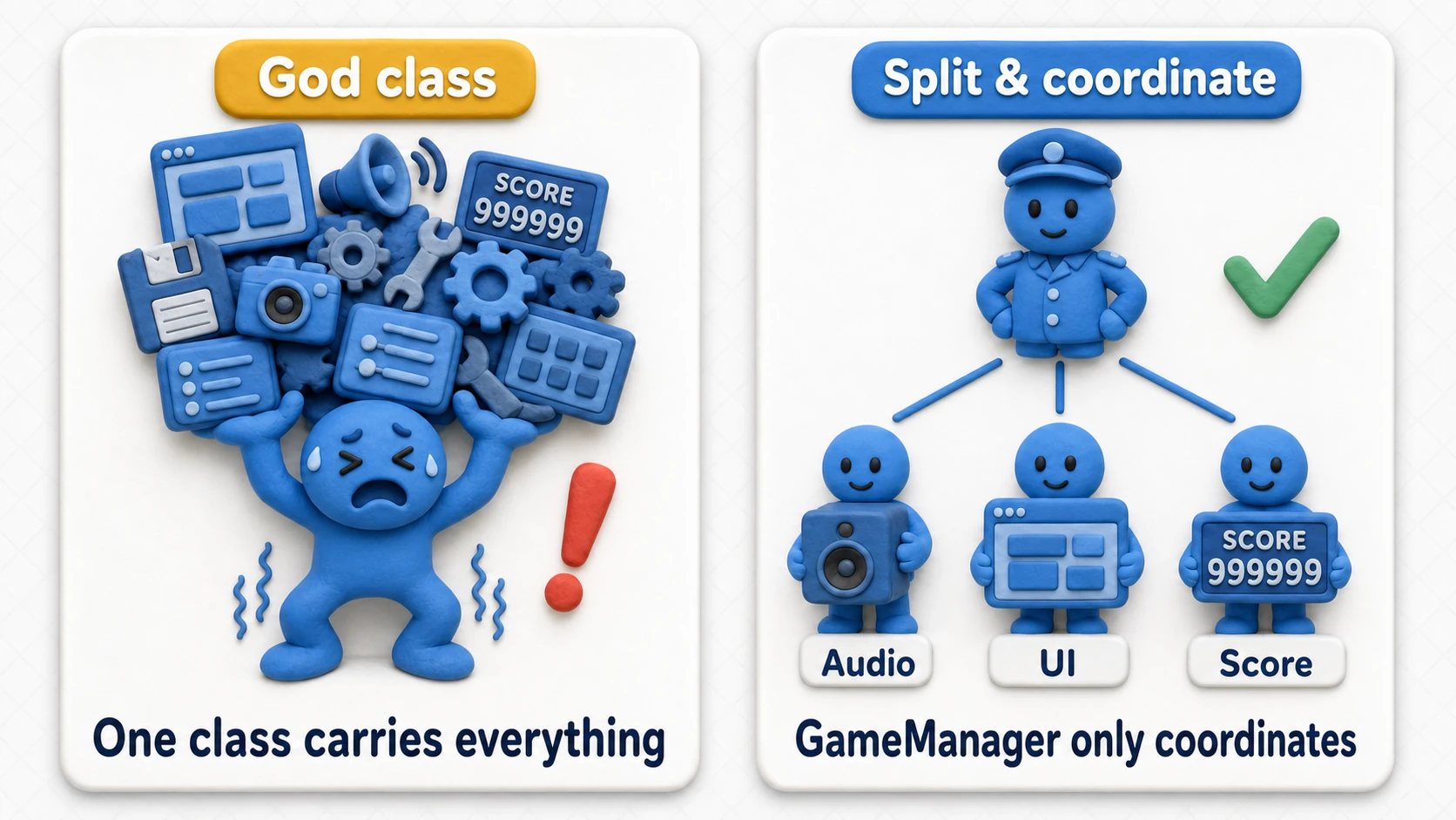 Comparison diagram of a god class versus split responsibilities: on the left, one giant GameManager buckling under UI, audio, score, and save duties all piled on top; on the right, work split across ScoreManager, UIManager, and AudioManager with GameManager only coordinating