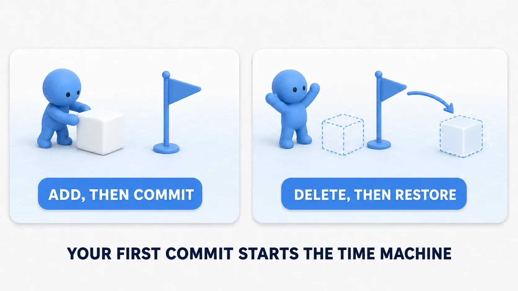 On the left, placing a cube and planting a flag (a commit). On the right, deleting it and restoring from the flag. Your first commit starts the time machine