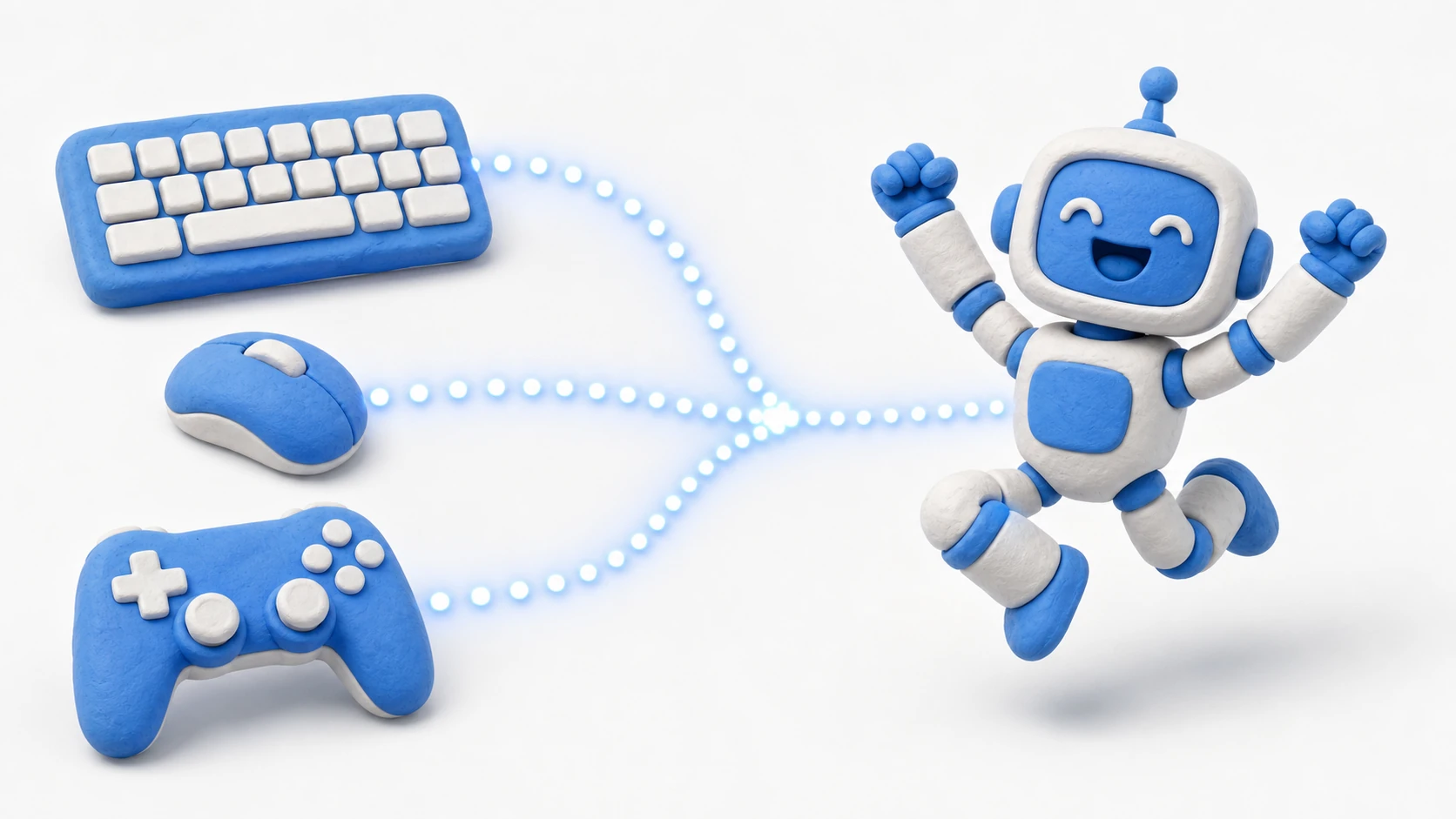 入力処理のイメージ。キーボード・マウス・ゲームパッドからの信号がゲームキャラクターへ流れ込んでいる