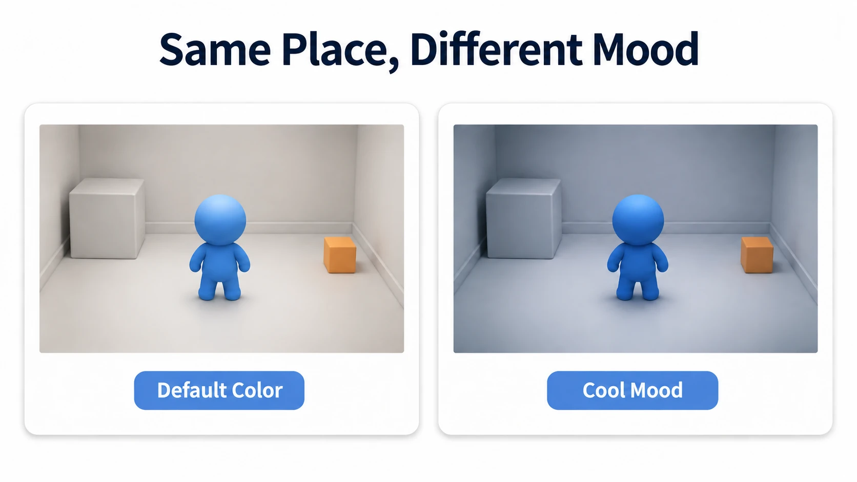 The same room finished in normal color and in cold color with post processing