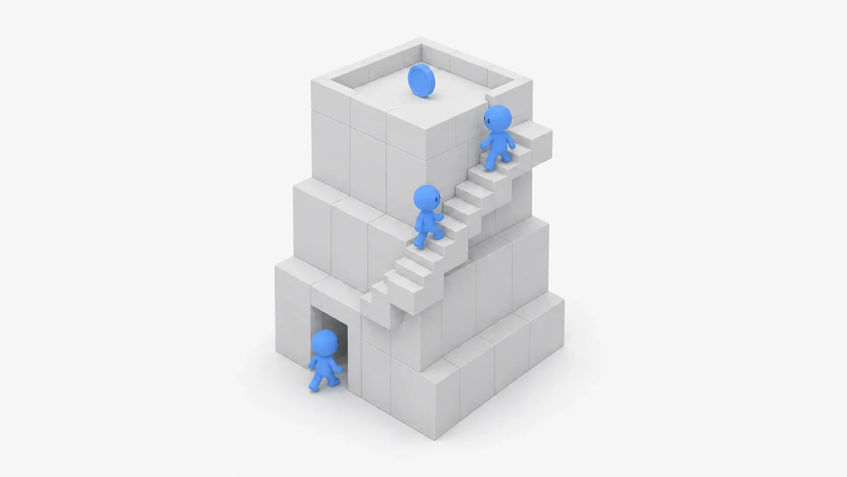 A grey-box watchtower assembled from grey boxes and stairs, with a soft blue clay figure climbing it