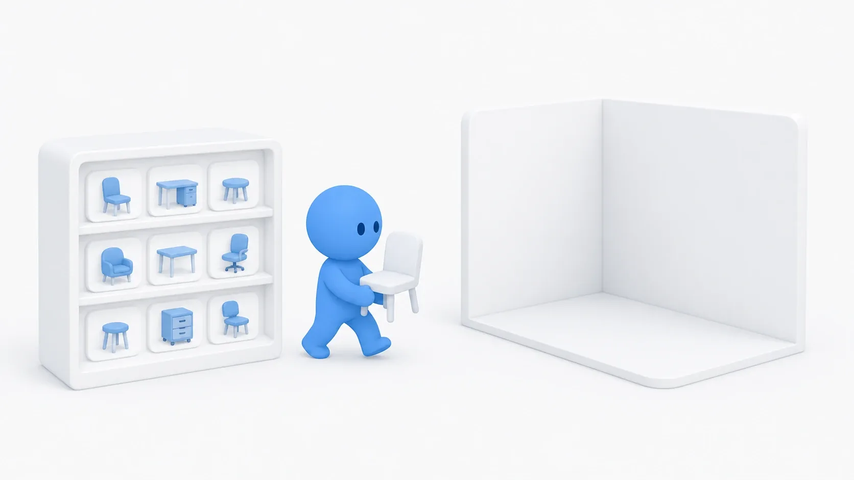 Fabのストアからアセットを取り出し、殺風景な部屋に机や小物を並べるソフトブルーのクレイ人形