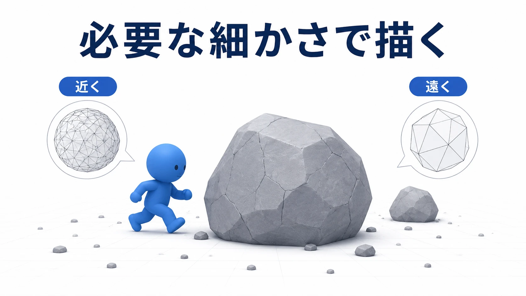 近くと遠くの岩で、描く形の細かさを選ぶNaniteのイメージ