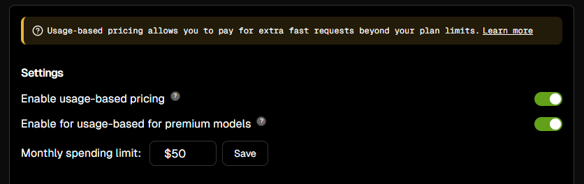 Cursorの従量課金設定画面