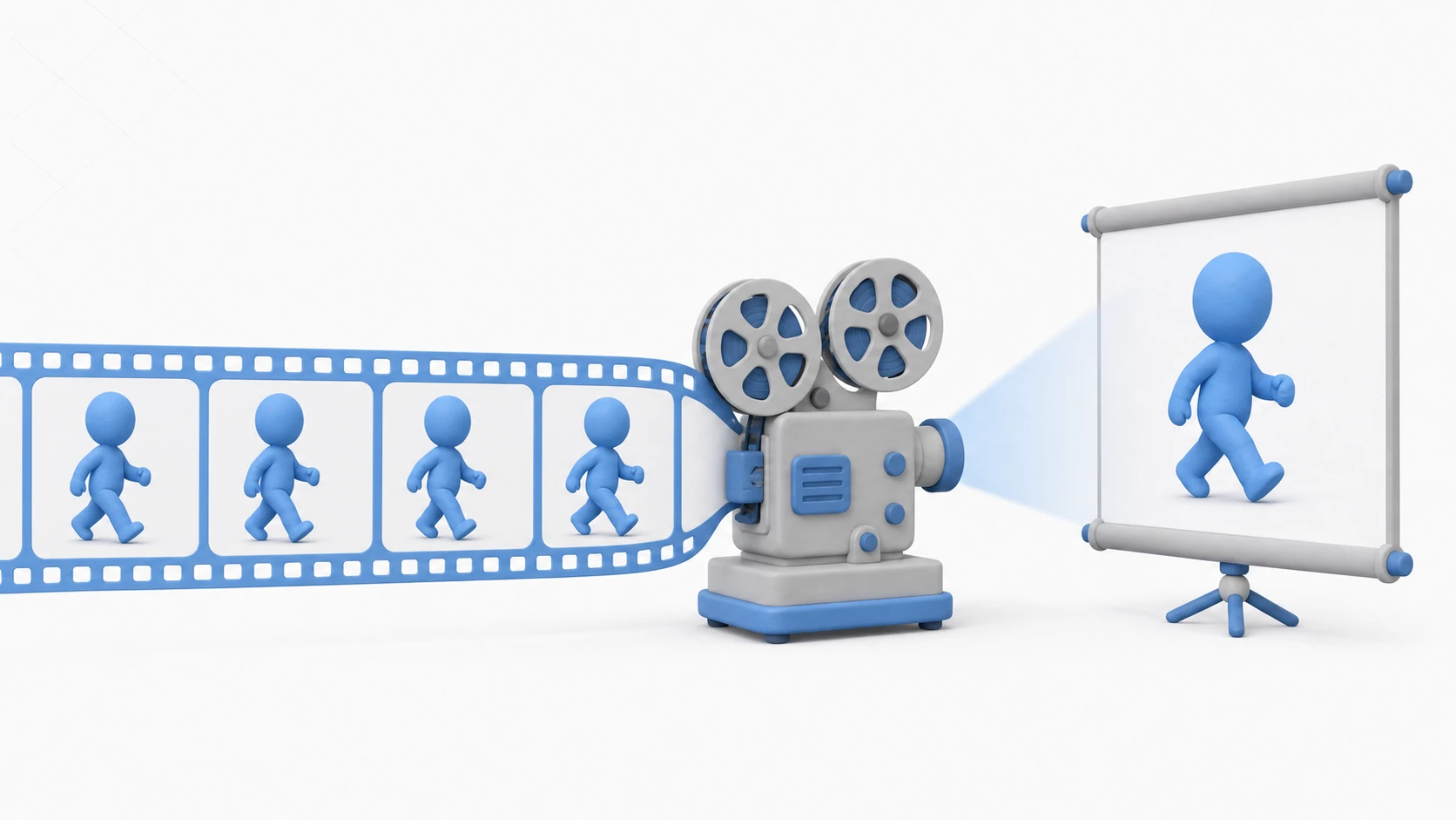 2Dアニメーションのイメージ。粘土のキャラクターのコマ画像がフィルムとなり、映写機を通してゲーム画面で動き出す