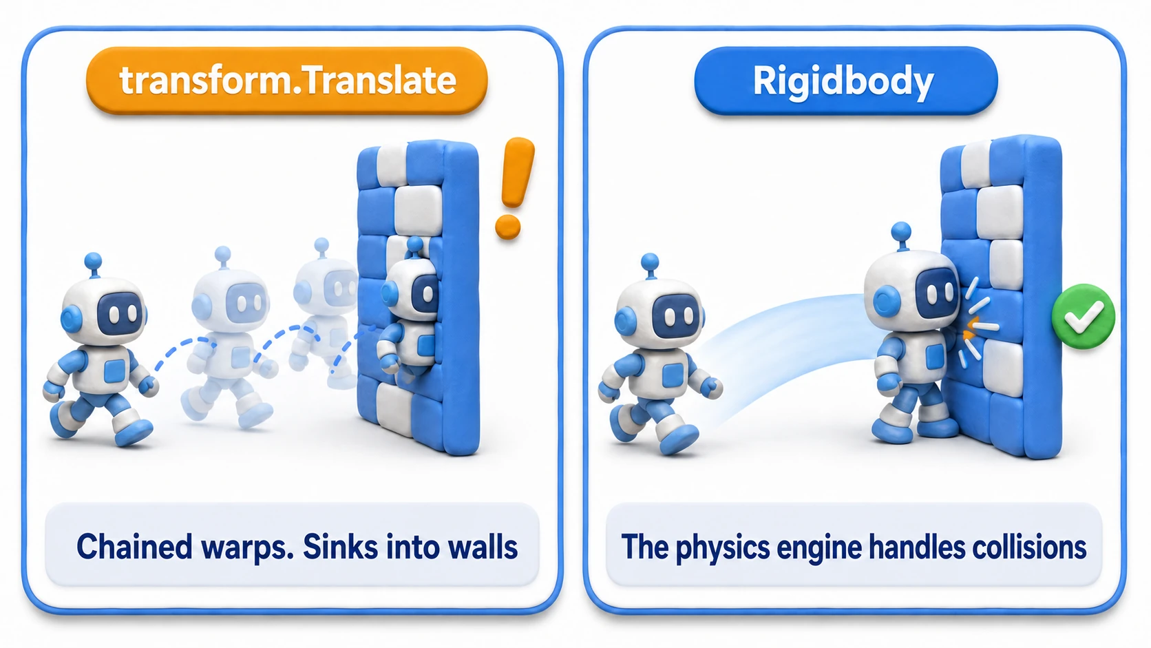 Diagram comparing transform and Rigidbody movement: transform.Translate is a series of teleports that sinks into the wall, while Rigidbody lets the physics engine compute the path and stop properly at the wall