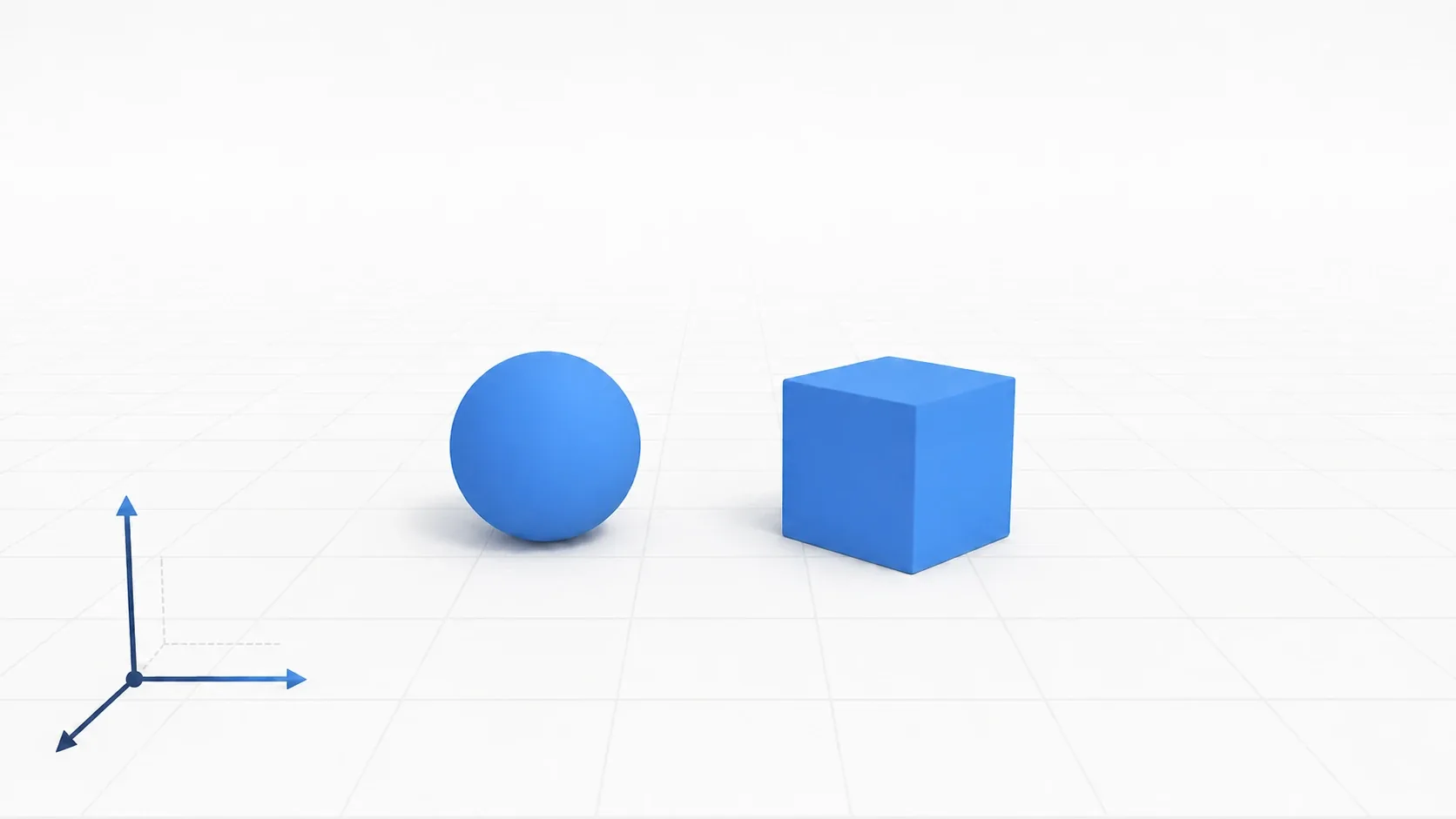 A Godot 3D scene: a soft blue sphere and cube sitting on a grid floor, with 3D coordinate axes in the corner