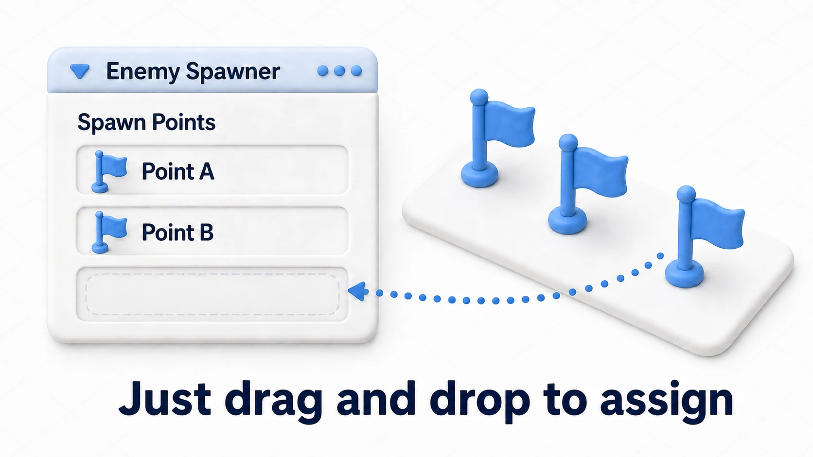 Diagram of setting up an array in the Inspector: three spawn point objects from the scene being dragged into the Spawn Points array slots