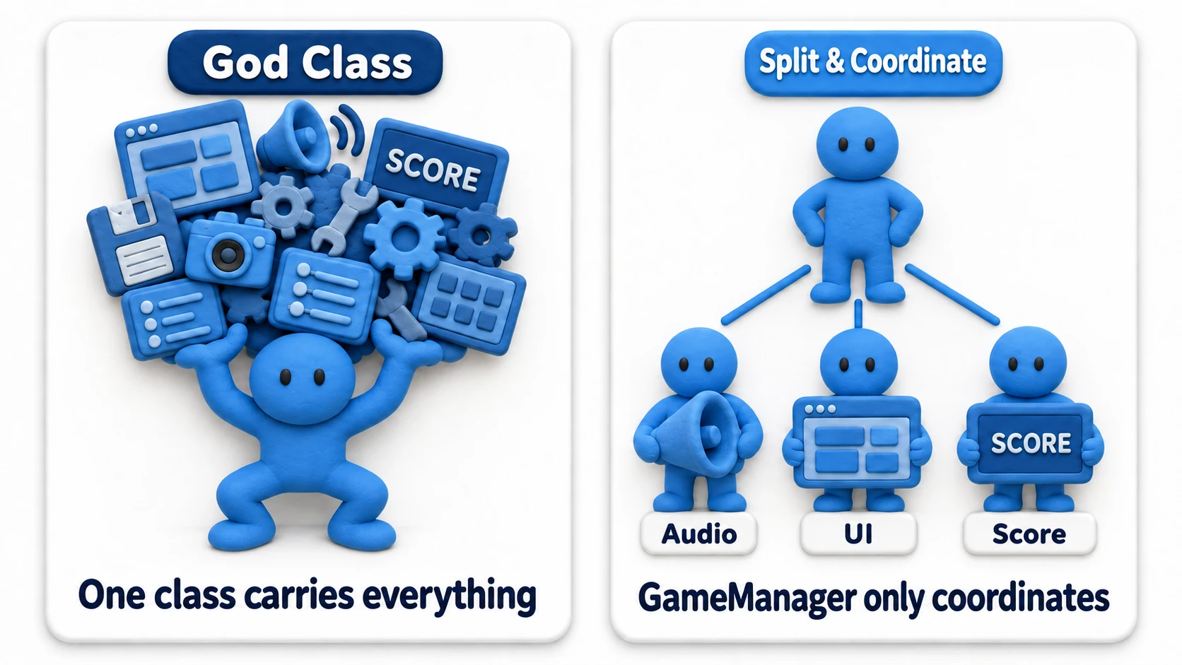 Comparison diagram of a god class versus split responsibilities: on the left, one giant GameManager buckling under UI, audio, score, and save duties all piled on top; on the right, work split across ScoreManager, UIManager, and AudioManager with GameManager only coordinating