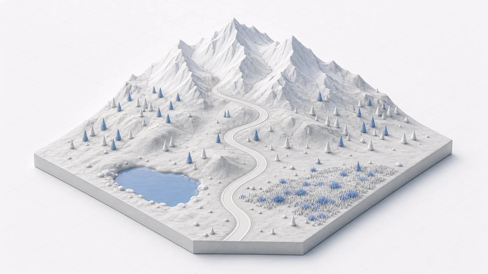 完成イメージ。奥に雪 山がそびえ、麓の平地から中腹へ蛇行する一本道が通り、斜面には木、麓には湖と草の密集エリアがあるクレイ風ジオラマ