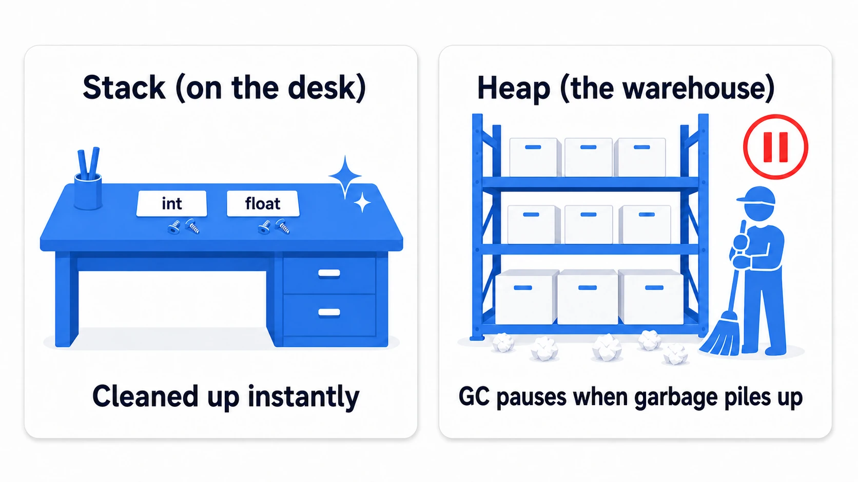 Diagram of the stack and heap. On the work desk (stack), small items like int and float sit and get tidied away the moment work finishes. In the warehouse (heap), boxes pile up and, once garbage accumulates, a cleaner has to pause the whole operation to sweep up