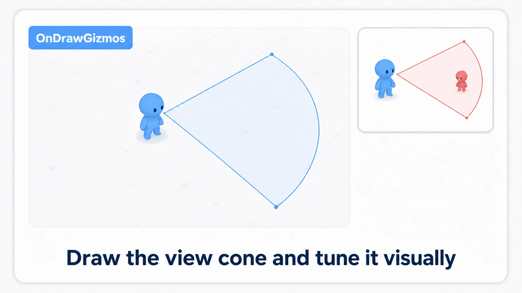 Visualizing the view with Gizmos: in the Scene view, an arc showing the view distance centered on the enemy and two boundary lines showing the view angle draw a visible fan cone. The cone changes color when the player is detected