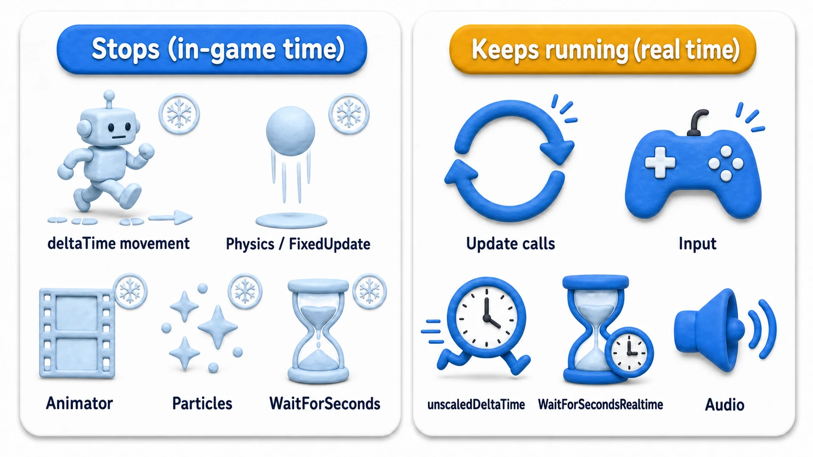 Breakdown diagram of what stops vs. what keeps running at timeScale=0. Stops: deltaTime-based movement, physics, Animator, particles, WaitForSeconds. Keeps running: Update calls, input, unscaledDeltaTime, WaitForSecondsRealtime, audio